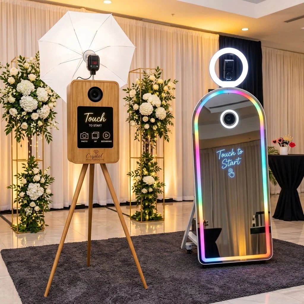 Pixelart photo booth setup with a wooden camera on tripod and neon-bordered mirror stand