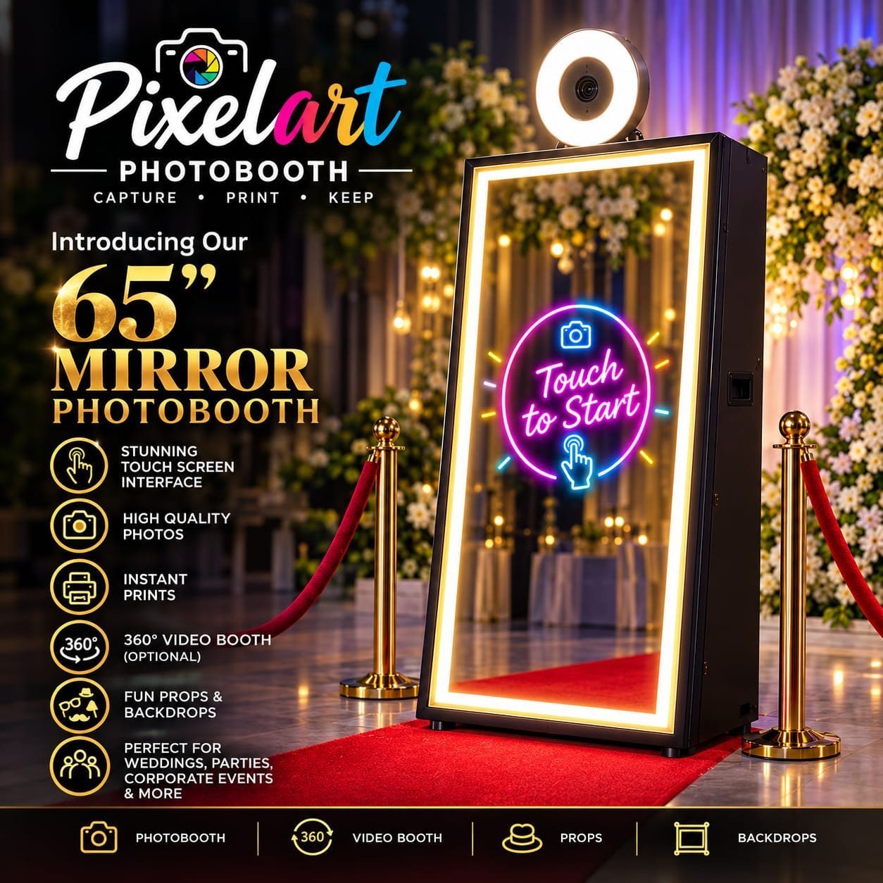 Pixelart 65-inch mirror photobooth with touchscreen interface and ring light in an elegant event setting