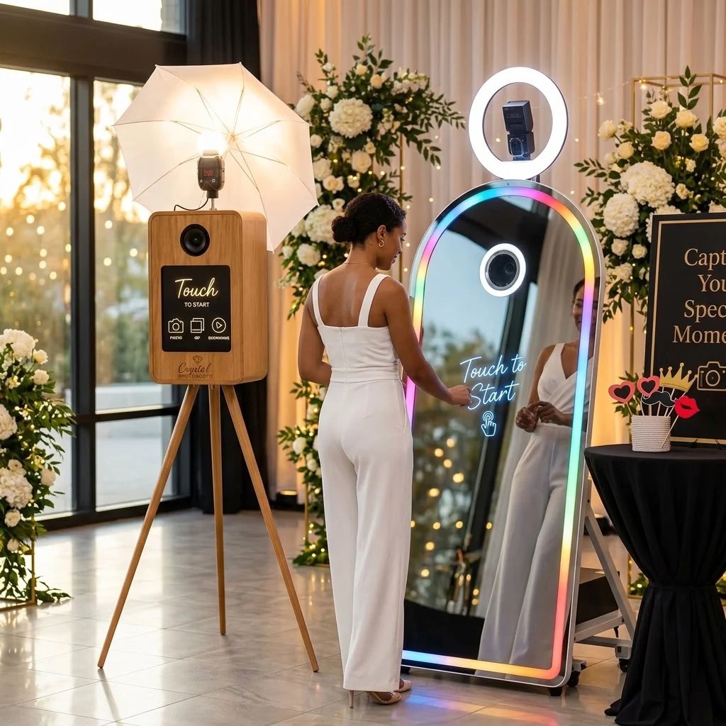 Woman in white dress posing with the illuminated photo booth mirror